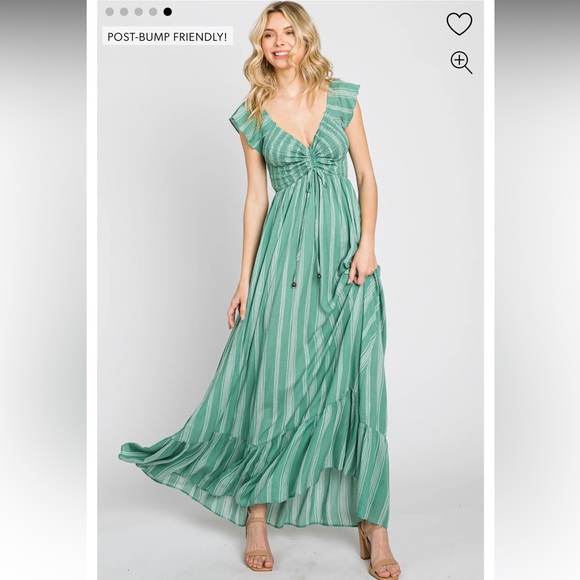 Green Stripped Off Shoulder Front Tie Maternity Dress! 🤍 - Picture 4 of 6